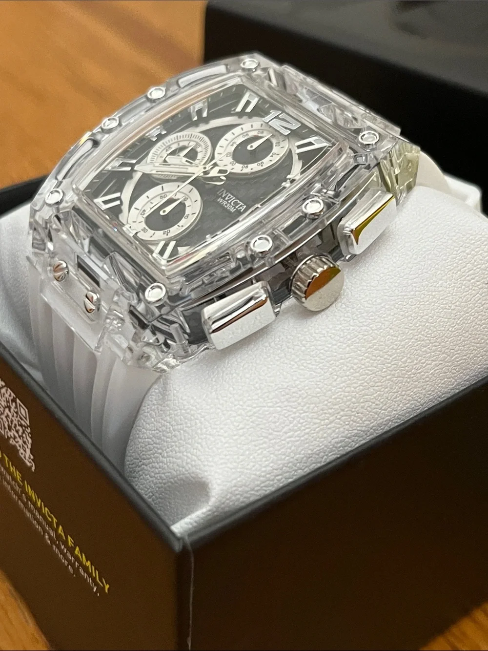 Invicta Transparent Case Watch - Black Dial, White Strap